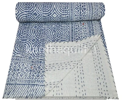 Indian Kantha Quilt Throw Blue Bedspread Double Size Hand Block Print Cotton - Image 1 of 4