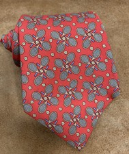HERMES Silk Red Neck Tie Tennis Rackets With Tennis Balls Made In France