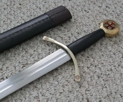 TATTVA TACTICAL 37” Knights Templar Sword Brass Ornate Leather Sheath Full Tang Double Edge