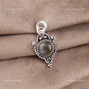 Sterling Silber Runde Labradorite Edelstein Schwarz Freitag Geburtstag Anhänger - Bild 1 von 10