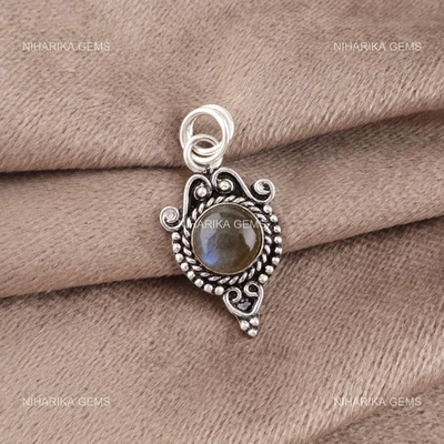 Argento Sterling Rotondo Pietra Labradorite Nero Friday Compleanno Pendente - Immagine 1 di 4