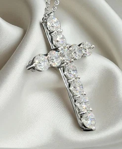 Lab Grown Diamond Cross Unisex Pendant Necklace 18" Inch 8 Ct  14k White Gold - Picture 1 of 5