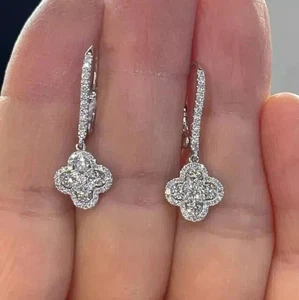 2Ct Round Cut Simulated Diamond Women Dangle/Drop Earrings 14k White Gold Plated - Picture 1 of 10