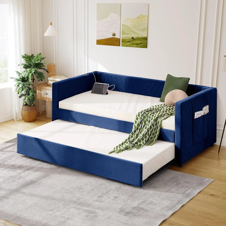 Cama de día tapizada de 83" tamaño doble con nido emergente a cama de día king con puerto USB Foto 1 de 4