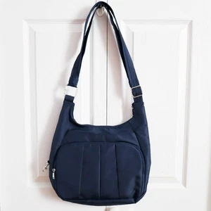 Travelon Anti-Theft Pleated Hobo Crossbody Bag Purse Travel Navy Blue - Picture 1 of 8