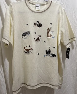 Bon Worth Women’s Short Sleeve Cat Shirt Top Embroidered Kittens Medium New - Picture 1 of 12