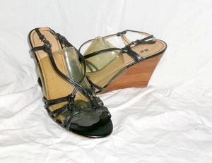 BP. Women's Shoes 10M Leather Shoes Wedge Heel Strappy Buckle Slingback Black - Picture 1 of 6