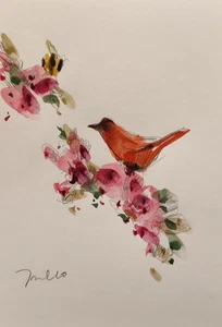 JOSE TRUJILLO Watercolor Painting Collectible ORIGINAL Bird Flowers Floral - Picture 1 of 8