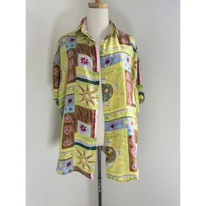 Grafik Seide Boho Sommer Kurzarm Knopfleiste Bluse Top - Bild 1 von 4