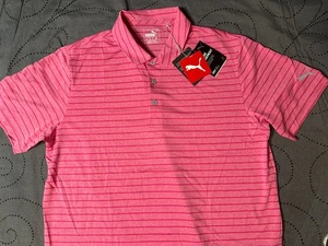 PUMA GOLF DRY CELL HEATHER PINK & HOT PINK STRIPES POLO SHIRT SIZE L MEN $60.00 - Picture 1 of 4