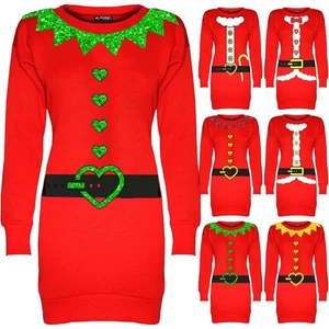 Womens Christmas Fleece Ladies Santa Costume Xmas Sweatshirt Mini Jumper Dress - Picture 1 of 46