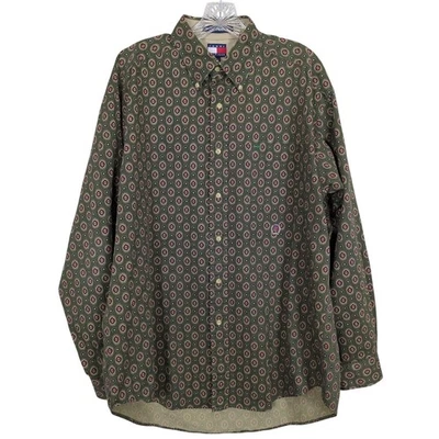 Vintage Tommy Hilfiger Men’s Button Down Green Shirt L Geometric Crest Logo Y2K - Image 1 of 4