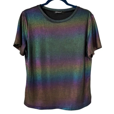 Metallic Shimmer Rainbow Top Women Large Sheer Festival Rave Club EDC Party READ - Image 1 of 4