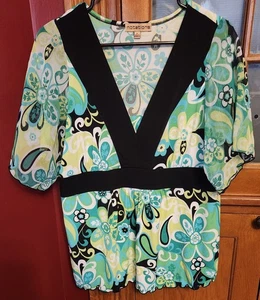 Notations Womens Paisley Blouse Size XL Stretch V Neck Sheer Sleeves - Picture 1 of 2