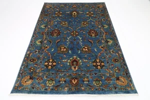 5 x 7 ft Oriental floral Blue Area Rug Afghan Hand Knotted Veg dye Wool Rug - Picture 1 of 9