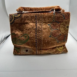 Borsa Wolf & Willa marrone ricamata floreale in ciniglia, artistica, classica, boho, nuova senza etichette - Foto 1 di 6