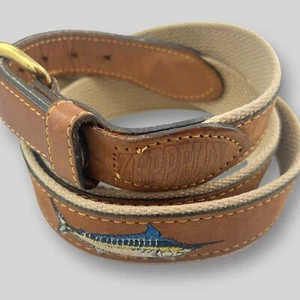 Zeppelin Belt Mens 42 Leather On Canvas Swordfish Marlin Embroidered Brown - Picture 1 of 10