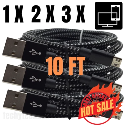 10Ft Braided Micro USB Cable Fast Charge Data Cord For Samsung Android Charger - Image 1 of 4