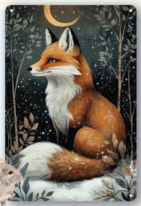 METAL ART- Fox in Snowy Forest, Moon and Stars, 8x12 Inch, Durable, Waterproof - Picture 1 of 2