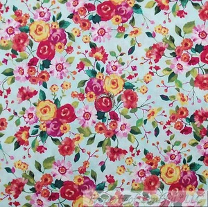 BonEful Fabric FQ Cotton Quilt Blue Pink Yellow Rose Flower Green Leaf Calico US - Picture 1 of 12