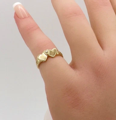 Anillo Toi et Moi Niño Pinky Oro 10k Doble Corazón Sello Diamante Talla 3 De Colección Foto 1 de 4
