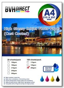 100 Sheets A4  High Quality High Glossy 260gsm Photo paper premium cast coated 