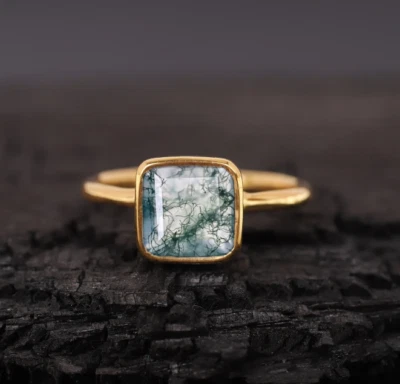 Anillo de piedras preciosas de ágata musgo natural de oro macizo de 10 k hecho a mano tamaño disponible Foto 1 de 4