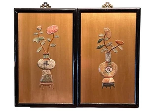 Fiori in pietra di giada arte cinese autentica vintage in vaso arte legno incorniciato - Foto 1 di 8