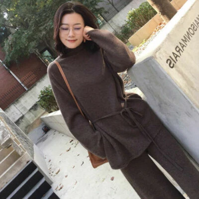 Mujeres Tejidas Prendas para el torso Suéter Mezcla de Cachemira Grueso Suelto Pierna Ancha Pantalones 2 Piezas Traje Foto 1 de 4