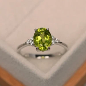 Natural Peridot & Diamond Oval 2.15Ct Wedding Ring 14K White Gold Size 6.5 7 8 - Picture 1 of 7