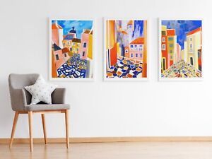 Set of 3 Abstract Alfama Lisbon Paintings Portugal Wall Art Print Poster Picture
