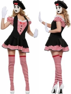 Adult Mime Artist Costume 80s French Circus Clown Fancy Dress Ladies Mime Outfit - Picture 1 of 7