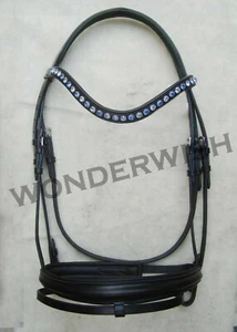 English Leather Horse Bridle  Padded Wave Crystal Browband Set In 4 Sizes - Picture 1 of 4