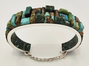VERSCHIEDENE NATÜRLICHE TÜRKIS GEPFLASTERTE INLAY .925 SILBER ARMBAND ARMBAND HANDGELENK 7-1/2 - Bild 1 von 5