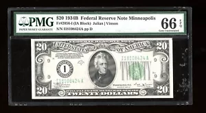 DBR 1934-B $20 FRN Minneapolis Vinson Gem Fr. 2056-I PMG 66 EPQ Ser # I18108424A - Picture 1 of 2