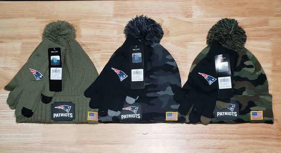 Conjunto de 3 gorro y guantes de los New England Patriots negro camuflaje ropa de la NFL RARO militar Foto 1 de 1