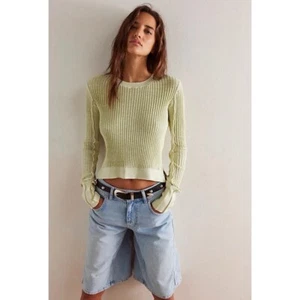 NUEVO CON ETIQUETAS Free People We The Free Between The Lines Suéter Acanalado Manga Larga Verde Pequeño - Imagen 1 de 7