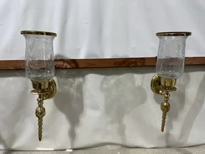 Vintage Pair Solid Brass Wall Sconce Candle Holders Crackle Glass Shades 15” - Picture 1 of 22