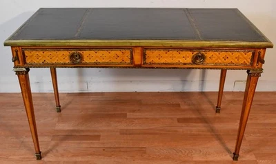 1920 French Louis XVI Satinwood & Leather top pull-out tray office Writing Desk - Image 1 of 4