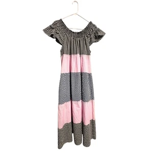 Free People Gingham Vestito Maxi Spalla Scoperta Nero Rosa Blu Lara Maxi Taglia S - Foto 1 di 7