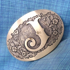 J Belt Buckle Western Initial J Monogram Floral Scroll Brass Vtg ADM .GMP341 - Picture 1 of 10