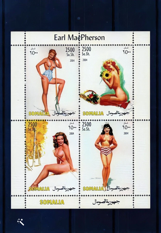 Hoja de artista estadounidense Somalia 2004 Earl MacPherson "King of Pin Up Art" (4) MNH Foto 1 de 1