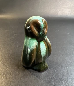 Vtg Blue Mountain Pottery Owl 3”Figurine Green Brown Drip Glaze Redware Pottery - Picture 1 of 5