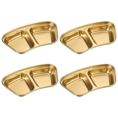 Mini Plato de Salsa de Acero Inoxidable de 3", Condimentos Cuencos Dorado 4 Piezas 2 Compartimentos Foto 1 de 4