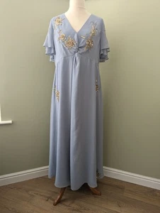 Monsoon Kendra Pale Blue Gold Hand Embellished Chiffon Maxi Dress Size 20 - Picture 1 of 24