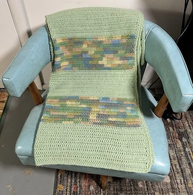 Vintage Grannycore Crochet Afghan Blanket Green Blue Cream Rose 38x59 - Image 1 of 4