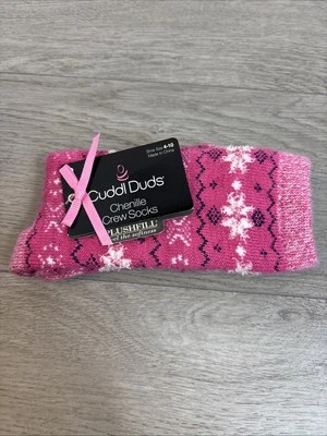 Cuddl Duds Chenille Crew Socks Pink With Snowflake One Pair Shoe Size 4-10 NEW - Image 1 of 4