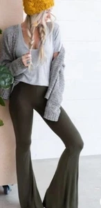 Tree Bird Nest Cher Solid Raw Edge Flare Pants Sz XL Olive Pull On Elastic Waist - Picture 1 of 5