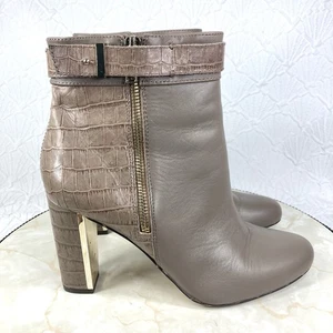 Ann Taylor Ankle Booties Womens 8.5 Taupe Leather Sam Croc Embossed Heel Boots - Picture 1 of 13