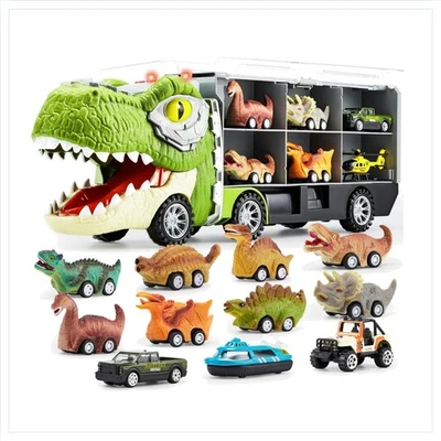 Dinosaurier Spielzeug Set 13 Teile Spielzeugauto LKW Hubschrauber Sound Licht - Bild 1 von 4